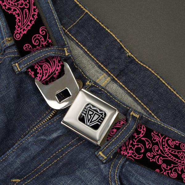Buckle Down BD Wings Logo CLOSE-UP Full Color Black Silver Seatbelt Belt - Paisley Black/Neon Pink Webbing