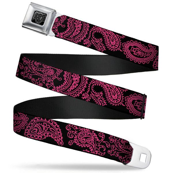 buckle down BD Wings Logo CLOSE-UP Full Color Black Silver Seatbelt Belt - Paisley Black/Neon Pink Webbing