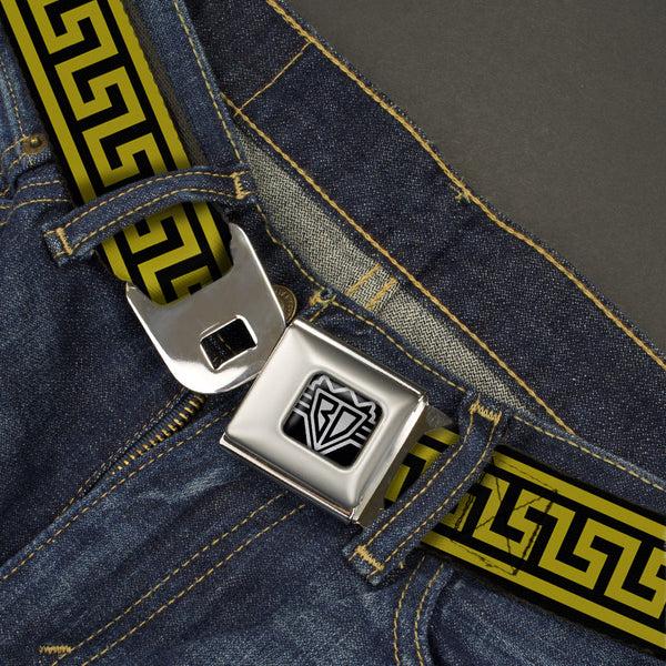 Buckle Down BD Wings Logo CLOSE-UP Full Color Black Silver Seatbelt Belt - Greek Key Border Black/Olive Webbing