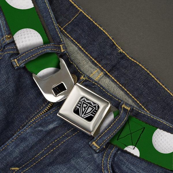 Buckle Down BD Wings Logo CLOSE-UP Full Color Black Silver Seatbelt Belt - Golf Balls Scattered Green/White Webbing
