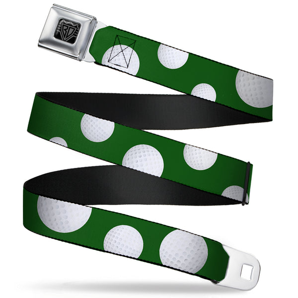 buckle down BD Wings Logo CLOSE-UP Full Color Black Silver Seatbelt Belt - Golf Balls Scattered Green/White Webbing