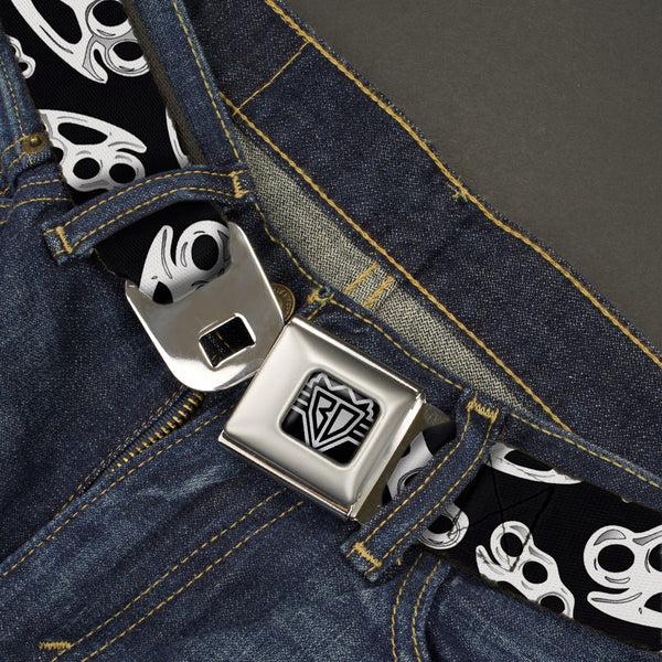 Buckle Down BD Wings Logo CLOSE-UP Full Color Black Silver Seatbelt Belt - Brass Knuckles/Skulls/Roses2 Black/White Webbing