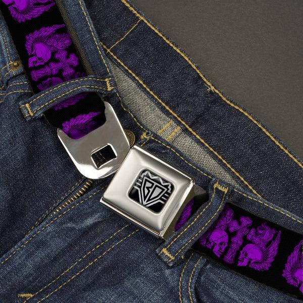 Buckle Down BD Wings Logo CLOSE-UP Full Color Black Silver Seatbelt Belt - BD Skulls W/Wings Black/Purple Webbing