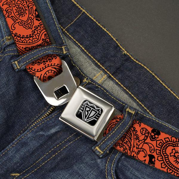 Buckle Down BD Wings Logo CLOSE-UP Full Color Black Silver Seatbelt Belt - Bandana/Skulls Orange/Black Webbing