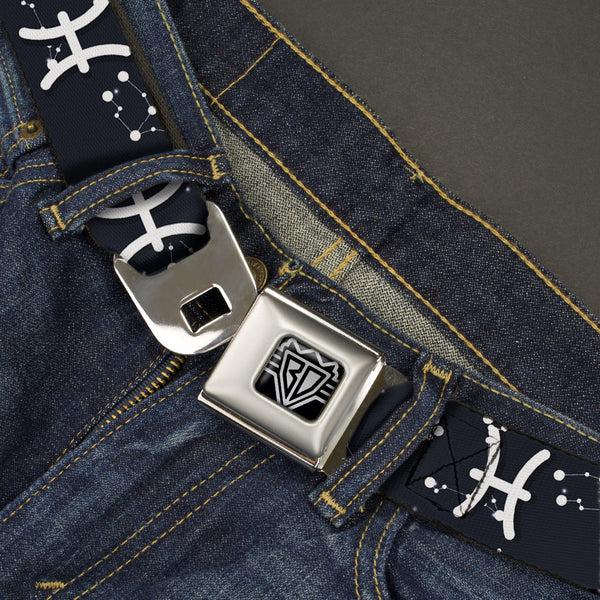 Buckle Down BD Wings Logo CLOSE-UP Full Color Black Silver Seatbelt Belt - Zodiac Pisces Symbol/Constellations Black/White Webbing