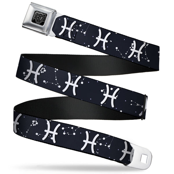 buckle down BD Wings Logo CLOSE-UP Full Color Black Silver Seatbelt Belt - Zodiac Pisces Symbol/Constellations Black/White Webbing