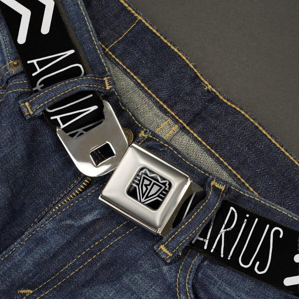 Buckle Down BD Wings Logo CLOSE-UP Full Color Black Silver Seatbelt Belt - Zodiac AQUARIUS/Symbol Black/White Webbing