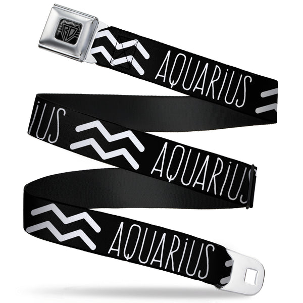 buckle down BD Wings Logo CLOSE-UP Full Color Black Silver Seatbelt Belt - Zodiac AQUARIUS/Symbol Black/White Webbing