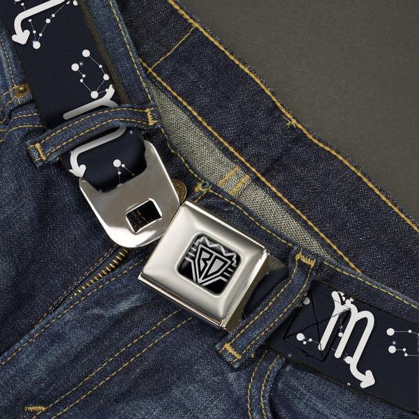 Buckle Down BD Wings Logo CLOSE-UP Full Color Black Silver Seatbelt Belt - Zodiac Scorpio Symbol/Constellations Black/White Webbing