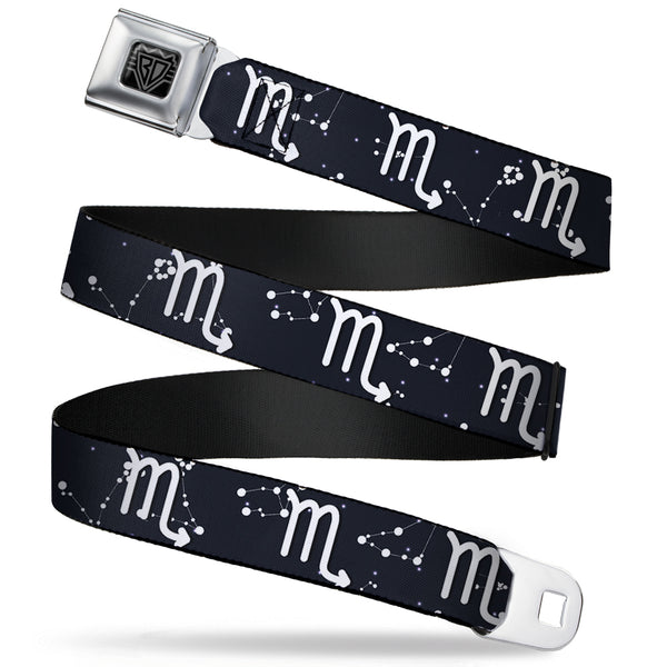 buckle down BD Wings Logo CLOSE-UP Full Color Black Silver Seatbelt Belt - Zodiac Scorpio Symbol/Constellations Black/White Webbing