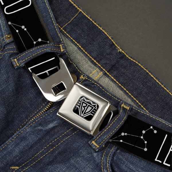 Buckle Down BD Wings Logo CLOSE-UP Full Color Black Silver Seatbelt Belt - Zodiac LEO/Constellation Black/White Webbing