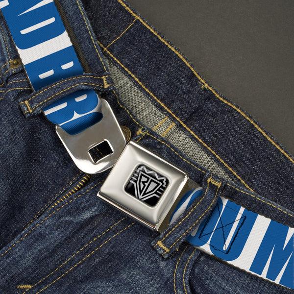 Buckle Down BD Wings Logo CLOSE-UP Full Color Black Silver Seatbelt Belt - YOU MAD BRO White/Royal Webbing