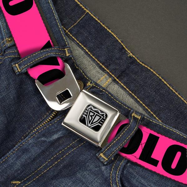 Buckle Down BD Wings Logo CLOSE-UP Full Color Black Silver Seatbelt Belt - YOLO Pink/Black Webbing