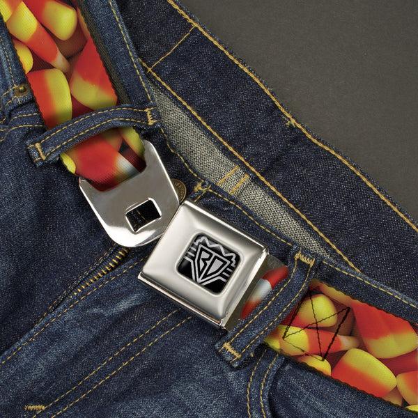 Buckle Down BD Wings Logo CLOSE-UP Full Color Black Silver Seatbelt Belt - Vivid Candy Corn Stacked Webbing