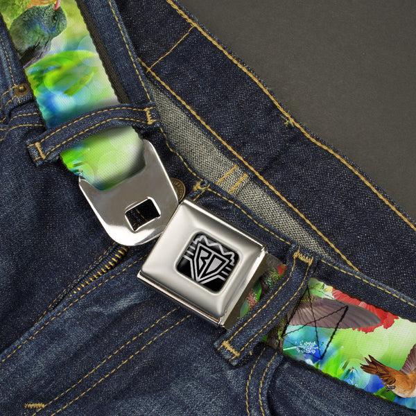 Buckle Down BD Wings Logo CLOSE-UP Full Color Black Silver Seatbelt Belt - Vivid Hummingbird Garden Webbing