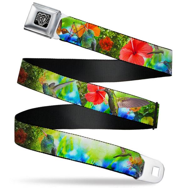 buckle down BD Wings Logo CLOSE-UP Full Color Black Silver Seatbelt Belt - Vivid Hummingbird Garden Webbing
