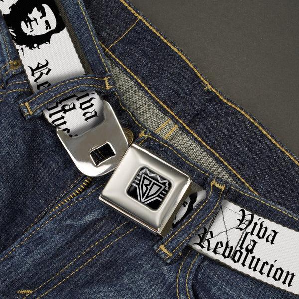 Buckle Down BD Wings Logo CLOSE-UP Full Color Black Silver Seatbelt Belt - VIVA LA REVOLUCION Che White/Black Webbing