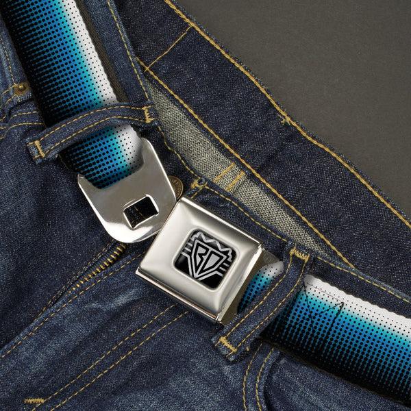 Buckle Down BD Wings Logo CLOSE-UP Full Color Black Silver Seatbelt Belt - Transitioning Dots White/Blue/Black Webbing
