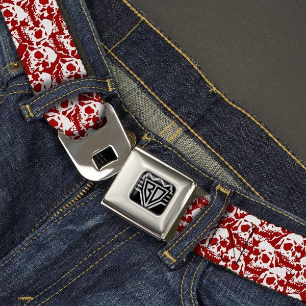 Buckle Down BD Wings Logo CLOSE-UP Full Color Black Silver Seatbelt Belt - Skull Yard Red/White Webbing