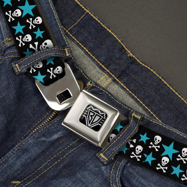 Buckle Down BD Wings Logo CLOSE-UP Full Color Black Silver Seatbelt Belt - Skulls & Stars Black/White/Blue Webbing