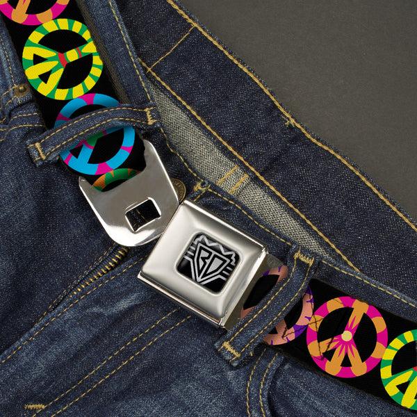 Buckle Down BD Wings Logo CLOSE-UP Full Color Black Silver Seatbelt Belt - Peace Flowers Black/Multi Color Webbing