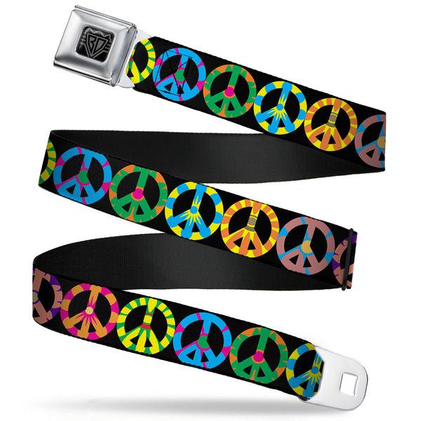 buckle down BD Wings Logo CLOSE-UP Full Color Black Silver Seatbelt Belt - Peace Flowers Black/Multi Color Webbing
