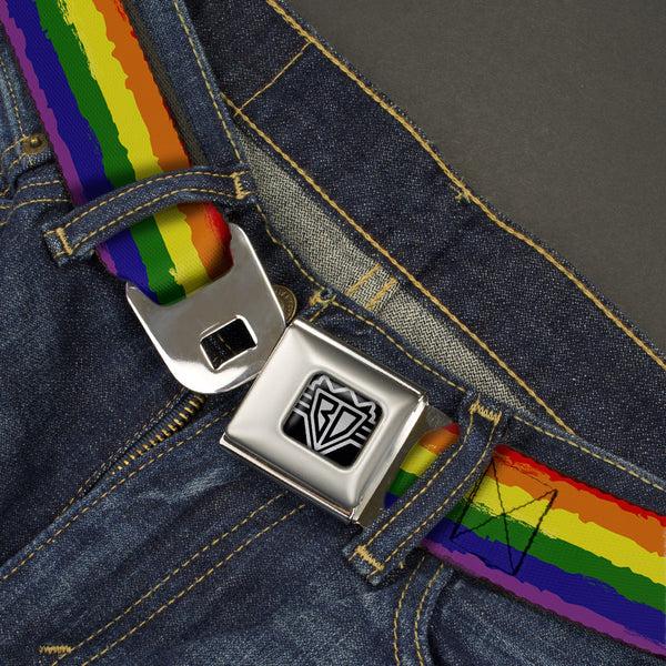 Buckle Down BD Wings Logo CLOSE-UP Full Color Black Silver Seatbelt Belt - Rainbow Stripe Painted Webbing