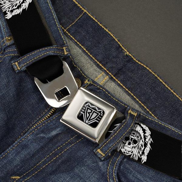 Buckle Down BD Wings Logo CLOSE-UP Full Color Black Silver Seatbelt Belt - Native American Skull Black/White Webbing