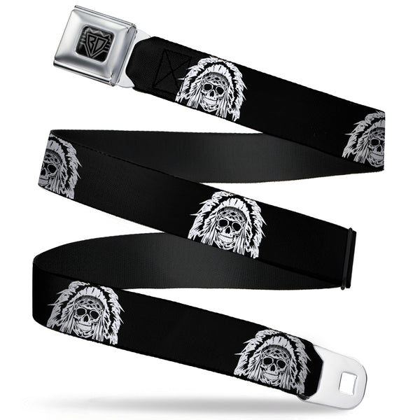 buckle down BD Wings Logo CLOSE-UP Full Color Black Silver Seatbelt Belt - Native American Skull Black/White Webbing