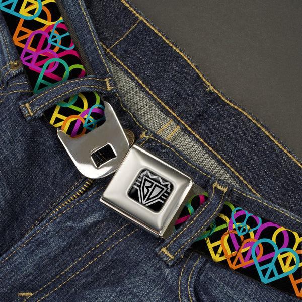 Buckle Down BD Wings Logo CLOSE-UP Full Color Black Silver Seatbelt Belt - Peace Hearts Stacked Black/Neon Webbing