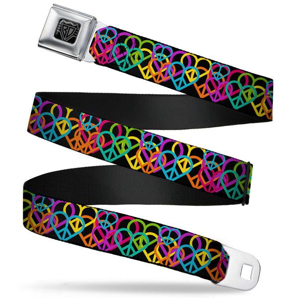buckle down BD Wings Logo CLOSE-UP Full Color Black Silver Seatbelt Belt - Peace Hearts Stacked Black/Neon Webbing