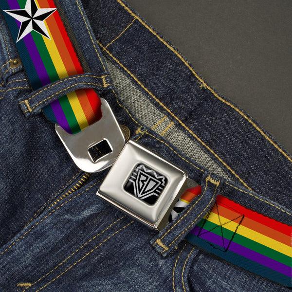 Buckle Down BD Wings Logo CLOSE-UP Full Color Black Silver Seatbelt Belt - Nautical Star Rainbow/White/Black Webbing