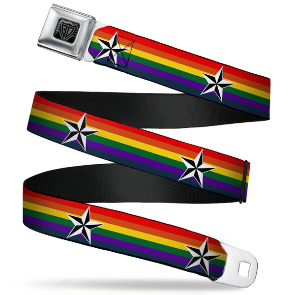 buckle down BD Wings Logo CLOSE-UP Full Color Black Silver Seatbelt Belt - Nautical Star Rainbow/White/Black Webbing