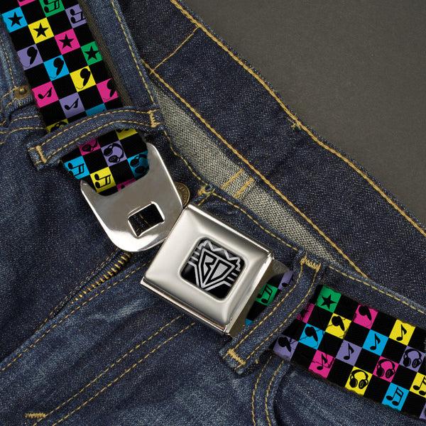 Buckle Down BD Wings Logo CLOSE-UP Full Color Black Silver Seatbelt Belt - Musical Checkers Black/Neon Webbing