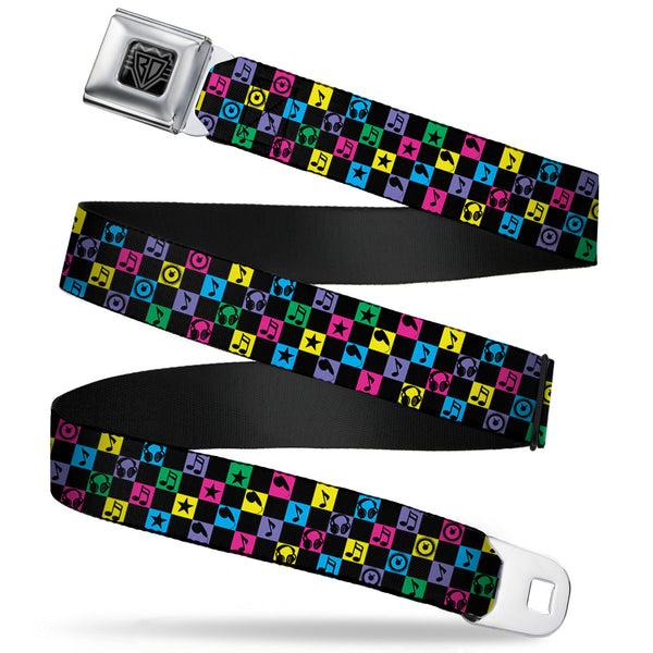 buckle down BD Wings Logo CLOSE-UP Full Color Black Silver Seatbelt Belt - Musical Checkers Black/Neon Webbing