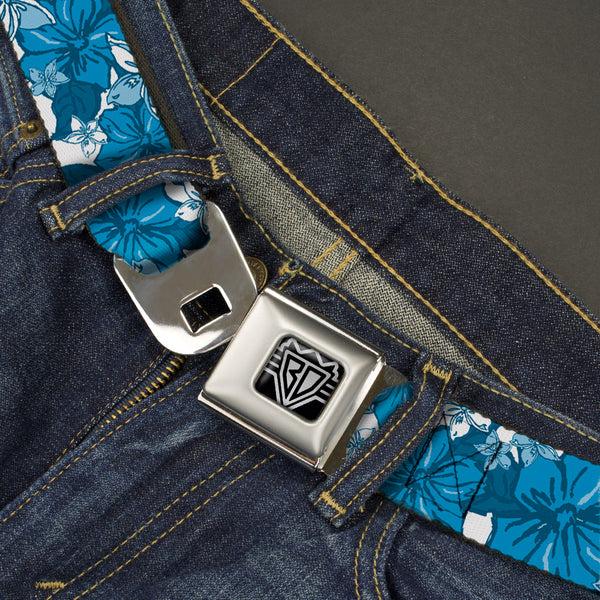 Buckle Down BD Wings Logo CLOSE-UP Full Color Black Silver Seatbelt Belt - Hibiscus Collage White/Blues Webbing