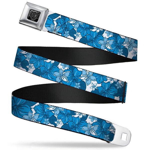 buckle down BD Wings Logo CLOSE-UP Full Color Black Silver Seatbelt Belt - Hibiscus Collage White/Blues Webbing