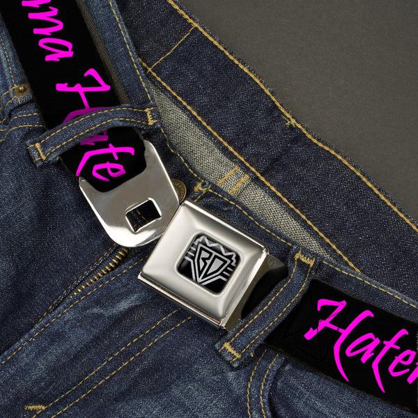 Buckle Down BD Wings Logo CLOSE-UP Full Color Black Silver Seatbelt Belt - Haters Gonna Hate W/Gem Black/Fuchsia Webbing