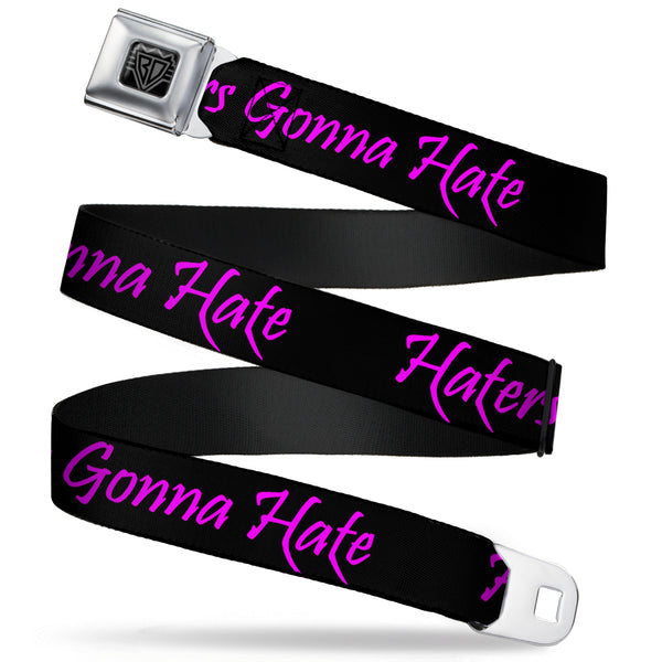 buckle down BD Wings Logo CLOSE-UP Full Color Black Silver Seatbelt Belt - Haters Gonna Hate w/Gem Black/Fuchsia Webbing