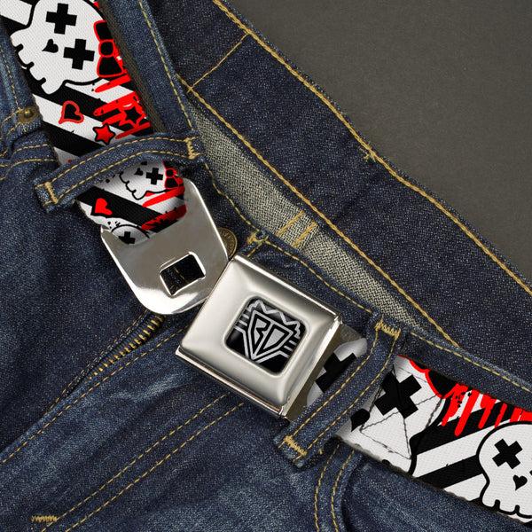 Buckle Down BD Wings Logo CLOSE-UP Full Color Black Silver Seatbelt Belt - Girlie Skull Black/White W/Red Paint Drips Webbing