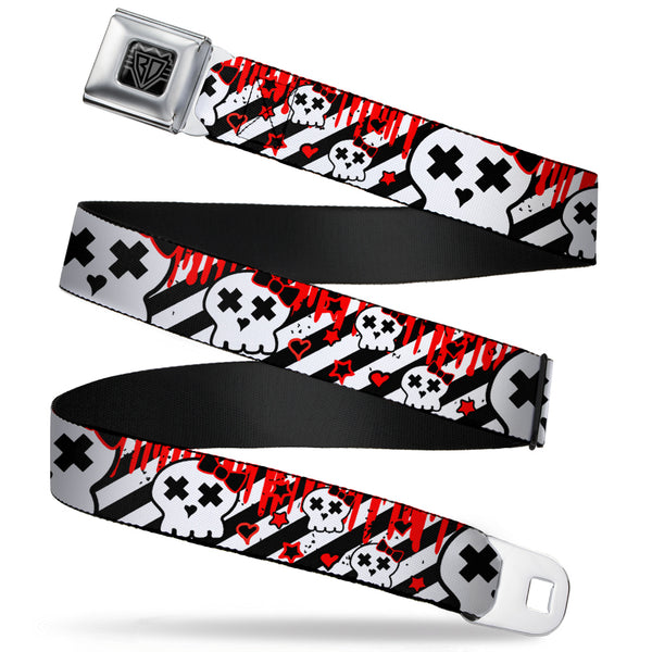 buckle down BD Wings Logo CLOSE-UP Full Color Black Silver Seatbelt Belt - Girlie Skull Black/White w/Red Paint Drips Webbing