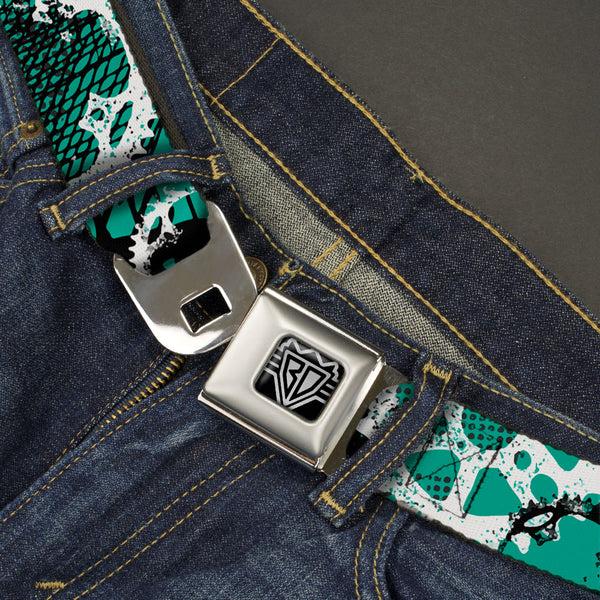 Buckle Down BD Wings Logo CLOSE-UP Full Color Black Silver Seatbelt Belt - Grunge Gears Green Webbing