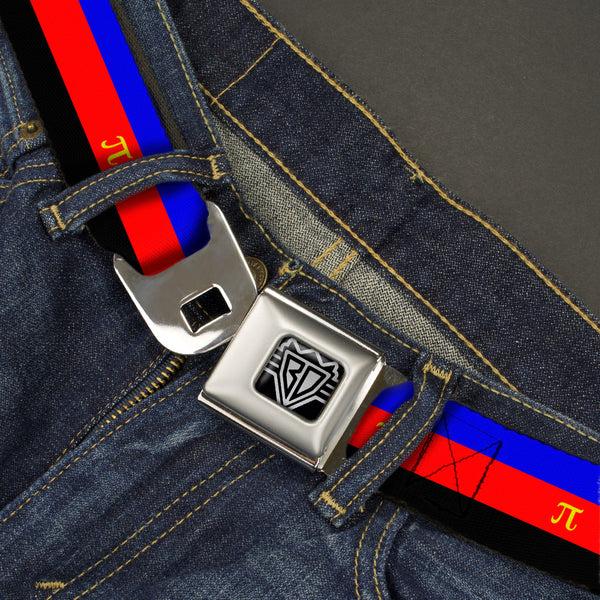 Buckle Down BD Wings Logo CLOSE-UP Full Color Black Silver Seatbelt Belt - Flag Polyamorous Pi Symbol Blue/Red/Black/Yellow Webbing