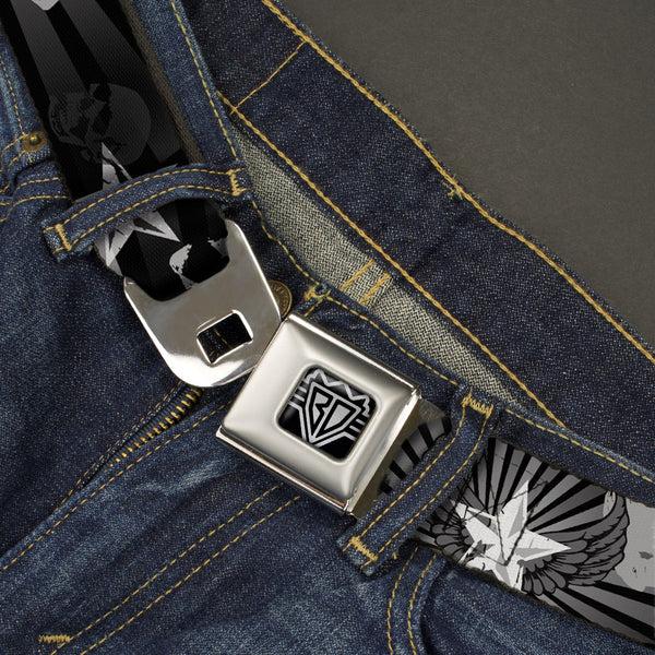 Buckle Down BD Wings Logo CLOSE-UP Full Color Black Silver Seatbelt Belt - Die Hard Skulls & Stars1 Black/Grays Webbing
