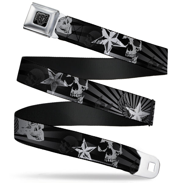 buckle down BD Wings Logo CLOSE-UP Full Color Black Silver Seatbelt Belt - Die Hard Skulls & Stars1 Black/Grays Webbing