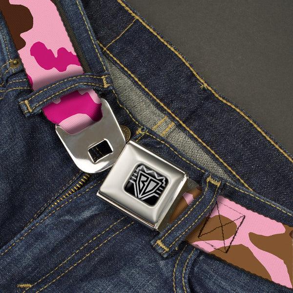Buckle Down BD Wings Logo CLOSE-UP Full Color Black Silver Seatbelt Belt - Camo Pink Webbing