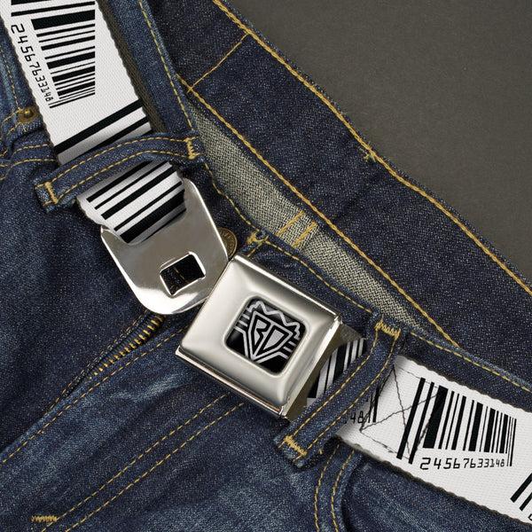 Buckle Down BD Wings Logo CLOSE-UP Full Color Black Silver Seatbelt Belt - Barcode Webbing
