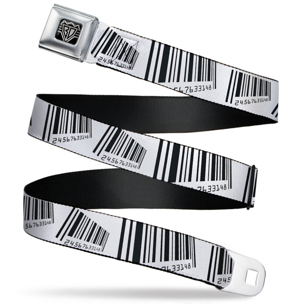 buckle down BD Wings Logo CLOSE-UP Full Color Black Silver Seatbelt Belt - Barcode Webbing