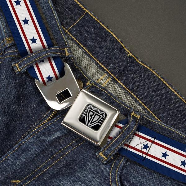 Buckle Down BD Wings Logo CLOSE-UP Full Color Black Silver Seatbelt Belt - Americana Stars & Stripes 6 Blue/White/Red Webbing