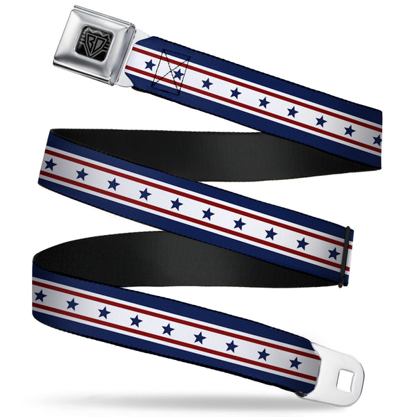 buckle down BD Wings Logo CLOSE-UP Full Color Black Silver Seatbelt Belt - Americana Stars & Stripes 6 Blue/White/Red Webbing